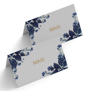 Personalisierbare Platzkärtchen mit Blauem Blumenmuster, Individuelle Namenskarten gestalten, Elegante Blumen Platzkarten mit Namen drucken