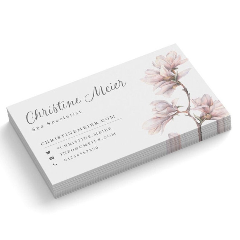 Visitenkarten personalisieren individuell gestalten drucken mit Logo design Vorlage für Visitenkarte gedruckt und personalisiert rosa Blume Weiß 1-seitig