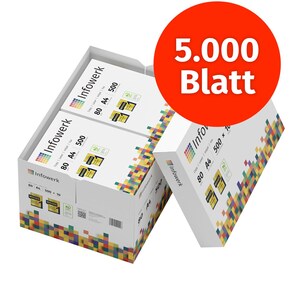 Carta per stampante Infowerk, carta per fotocopie, 5000 fogli, 10 x 500 A4, 80 g, bianco brillante Premium 160, vincitore del test CIE, certificato ambientale PEFC