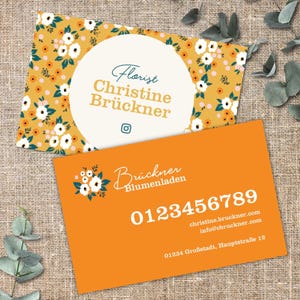 Personalisierte Visitenkarte mit Retro-Blumenmuster Orange 1- oder 2-seitig Perfekt für Kreative Boutiquen & Handwerker 85x55 mm 350g Matt