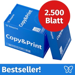 Könnte beinhalten: Eine blaue Schachtel mit Copy&Print-Papier, die eine rote kreisförmige Grafik mit dem Text 2.500 Blatt enthält. Die Schachtel zeigt das Easyprint-Logo, einen QR-Code und verschiedene technische Symbole. Das Wort Bestseller steht in Weiß auf einem blauen Banner.