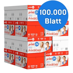 print24 carta per stampante carta per fotocopie 100000 fogli 20 x 5000 A4 80g bianco brillante premium 160 vincitore del test CIE certificato ambientale PEFC