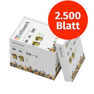 Carta per stampante Infowerk, carta per fotocopie, 2500 fogli, 5 x 500 A4, 80 g, bianco brillante premium 160, vincitore del test CIE, certificato ambientale PEFC