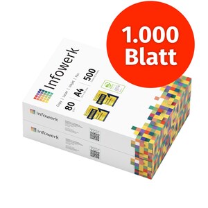 Carta per stampante Infowerk, carta per fotocopie, 1000 fogli, 2 x 500 fogli A4, 80 g, bianco brillante premium, 160, vincitore del test CIE, certificato ambientale PEFC