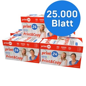 print24 carta per stampante carta per fotocopie 25000 fogli 50 x 500 A4 80g bianco brillante premium 160 vincitore del test CIE certificato ambientale PEFC