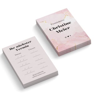 Cartões de agendamento personalizados Gerenciamento elegante de agendamentos Padrão de mármore rosa com detalhes dourados em seus cartões de agendamento em formato de cartão de visita