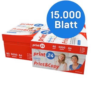 print24 carta per stampante carta per fotocopie 15000 fogli 30 x 500 A4 80g bianco brillante premium 160 vincitore del test CIE certificato ambientale PEFC
