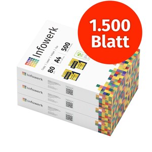 Carta per stampante Infowerk, carta per fotocopie, 1500 fogli, 3 x 500 fogli A4, 80 g, bianco brillante premium, 160, vincitore del test CIE, certificato ambientale PEFC