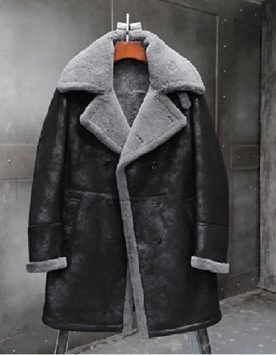 Men's Black Shearling Fur Leather Trench Coat with Hood