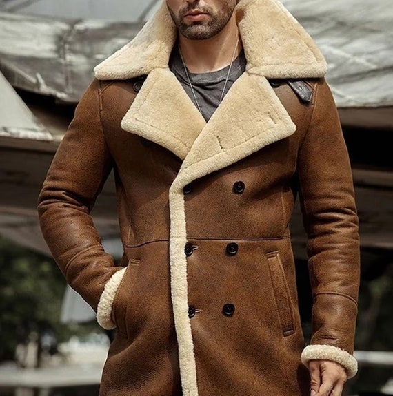 Men's Brown Shearling Jacket Sheepskin Aviator Long Mens 