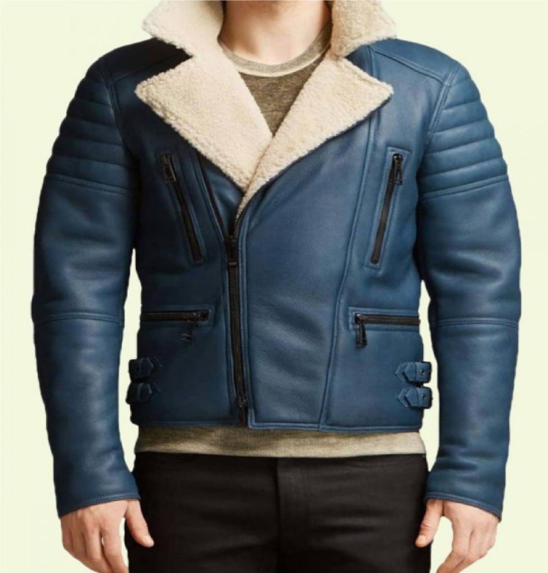 Men Blue Fur Aviator Real Sheepskin Leather Jacket