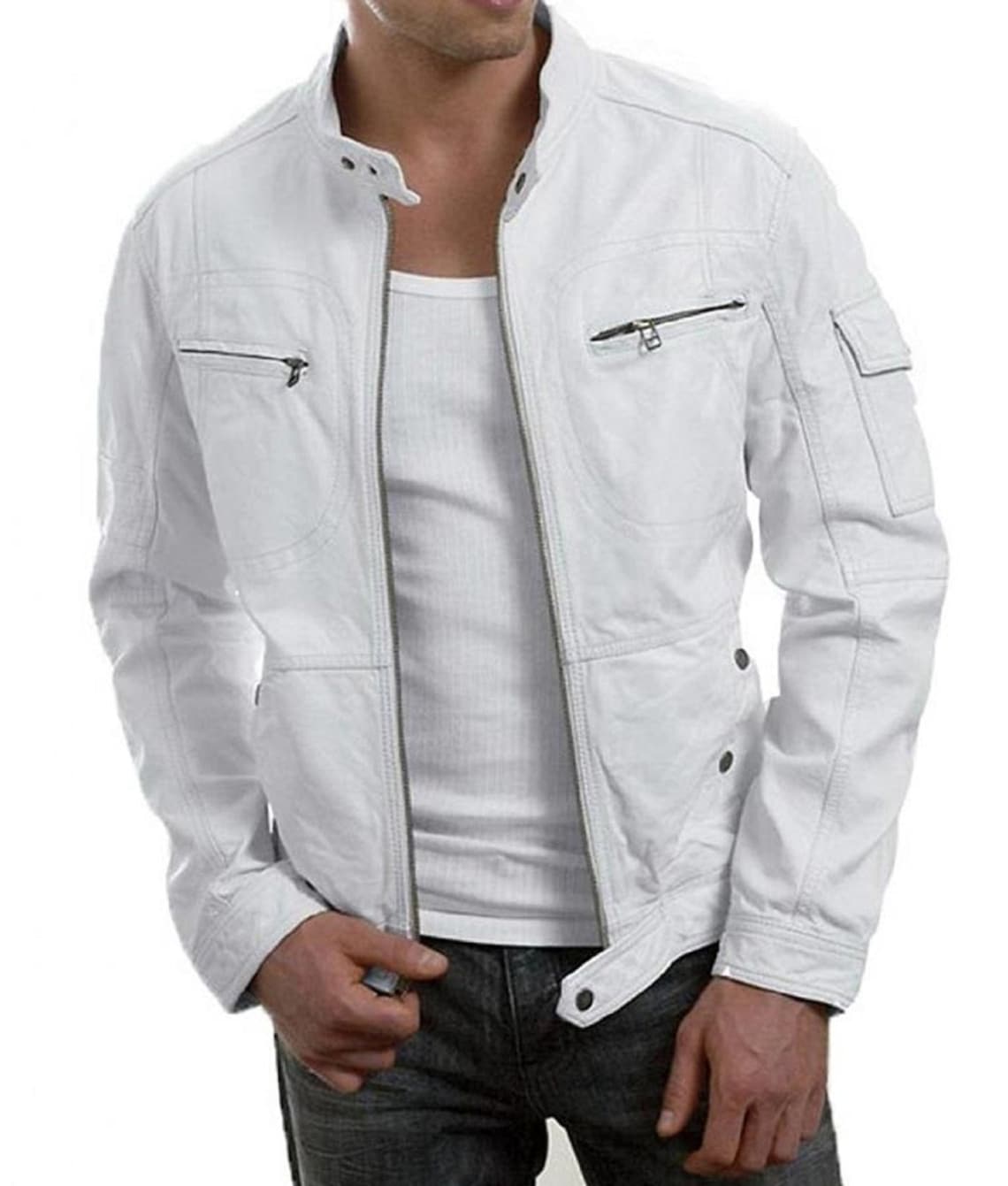 Men's White Cafe Racer Leather Jacket Etsy