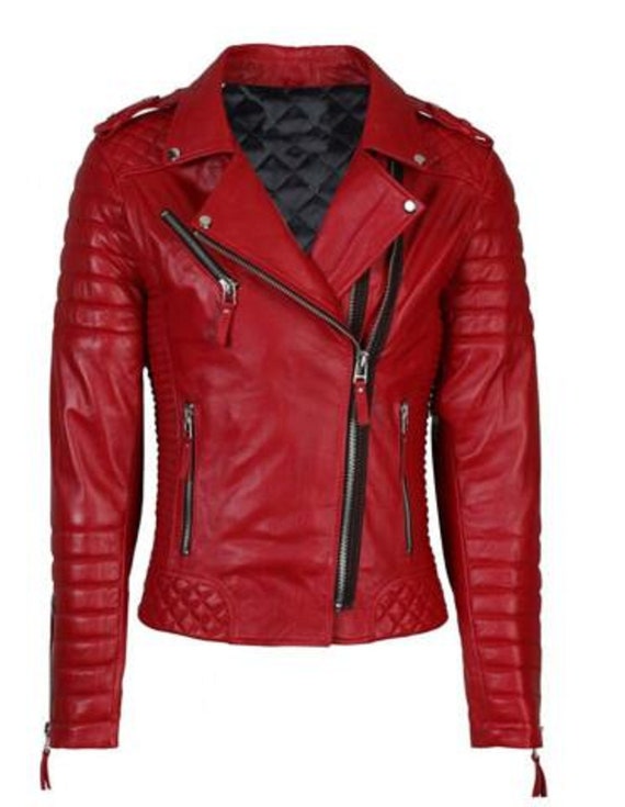 Women Leather Quilted Tight Fit Jacket red/black/white 