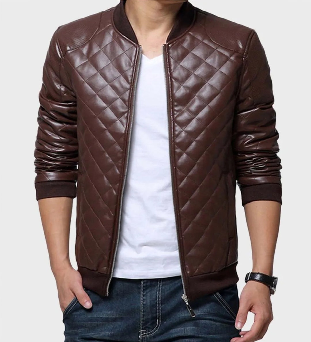 Mens Brown Leather Quilted Zipped Jacket Genuine Sheepskin - Etsy