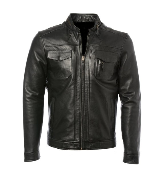 Mens Black Retro Biker Motorcycle Real Genuine Leather Jacket | Etsy