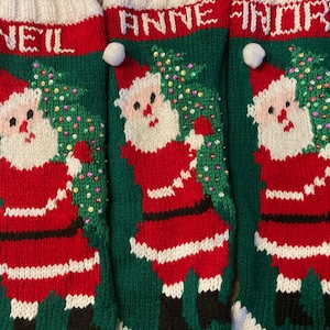 Orders will ship after Christmas 2024 Vintage, Handmade, Knit, Personalized Santa with Tree Stocking image 6