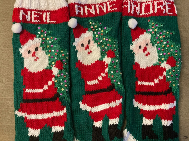 Orders will ship after Christmas 2024 Vintage, Handmade, Knit, Personalized Santa with Tree Stocking image 6