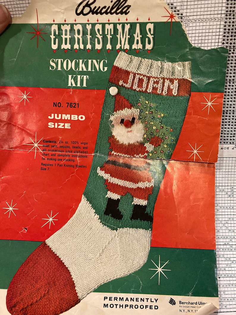 Orders will ship after Christmas 2024 Vintage, Handmade, Knit, Personalized Santa with Tree Stocking image 5