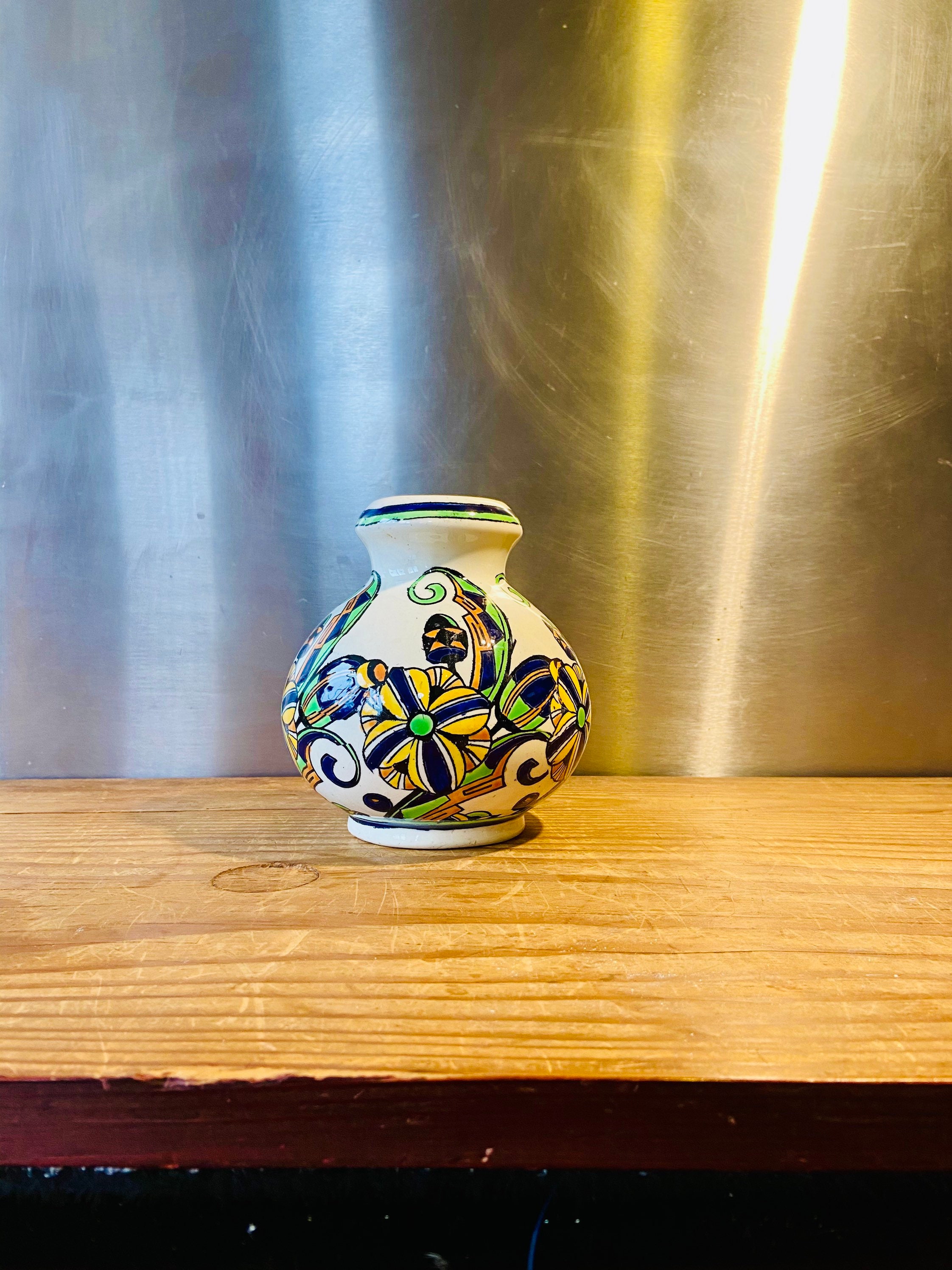 Vase Art Deco Signé Boch Frères/Céramique Vernissée Multicolore, Décor Floral Très Bon État