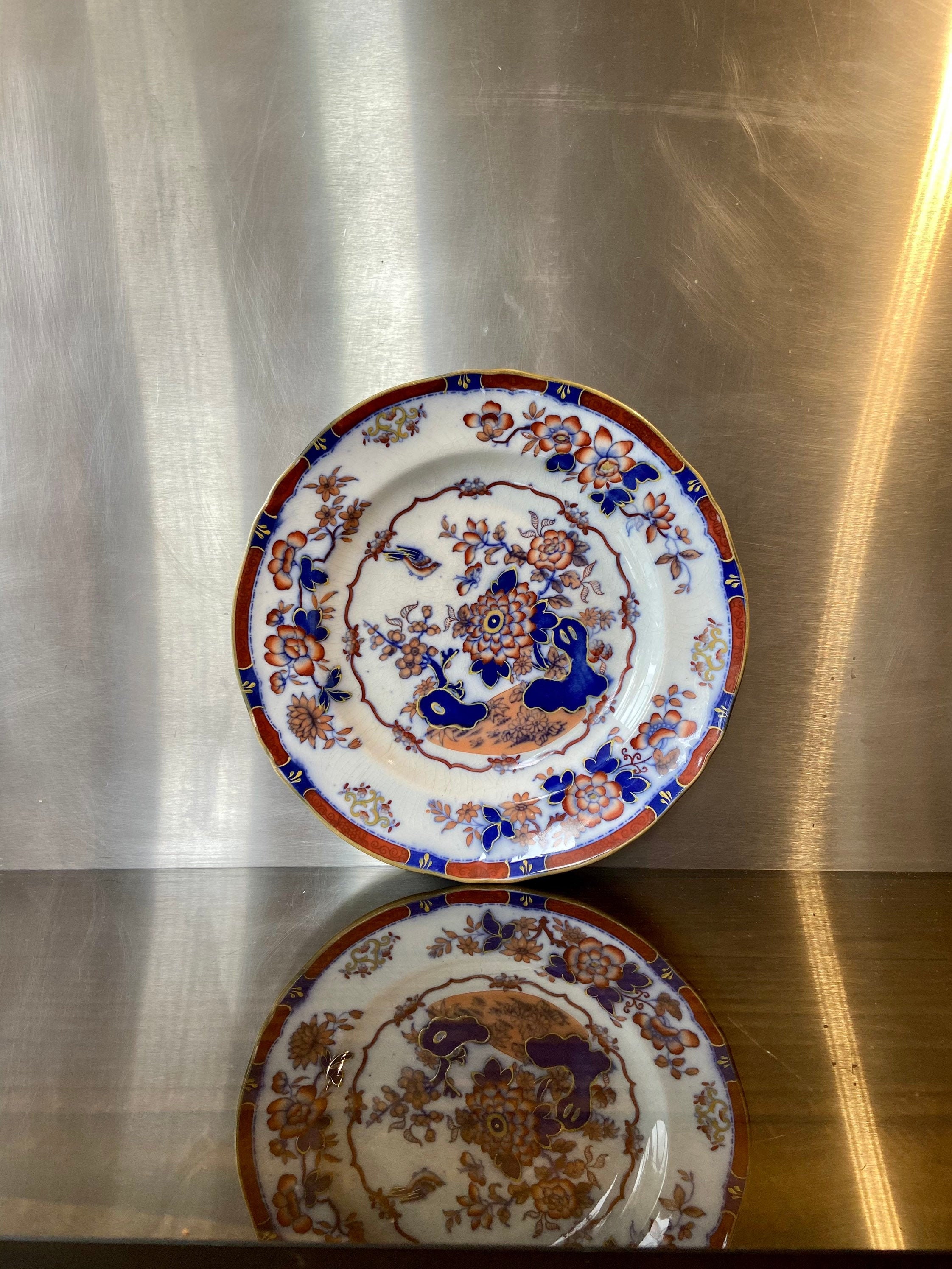 Assiette Minton Bb/Peint à La Main Décor Oriental Japan , Bleu Riche et Rouge Orangé Quelques Traits