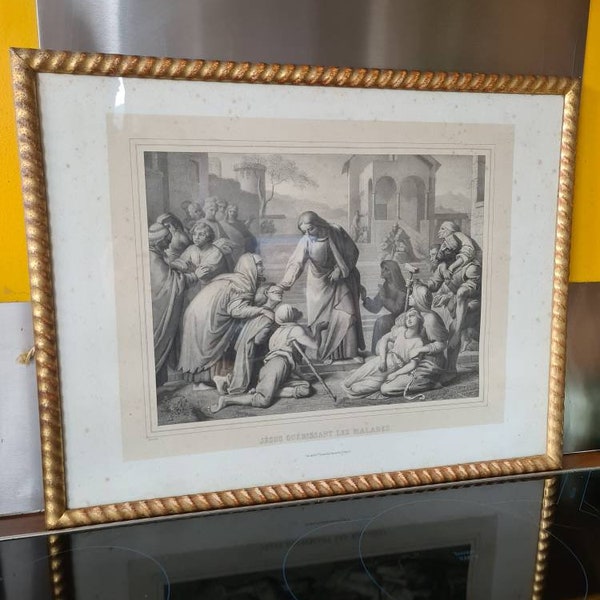 Jesus Lithographie française jacott jésus guérissent les malades ancienne encadré avec baguettes dorées  a l or