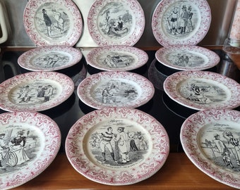 12 assiettes parlantes en faïence St Amand et Hamage