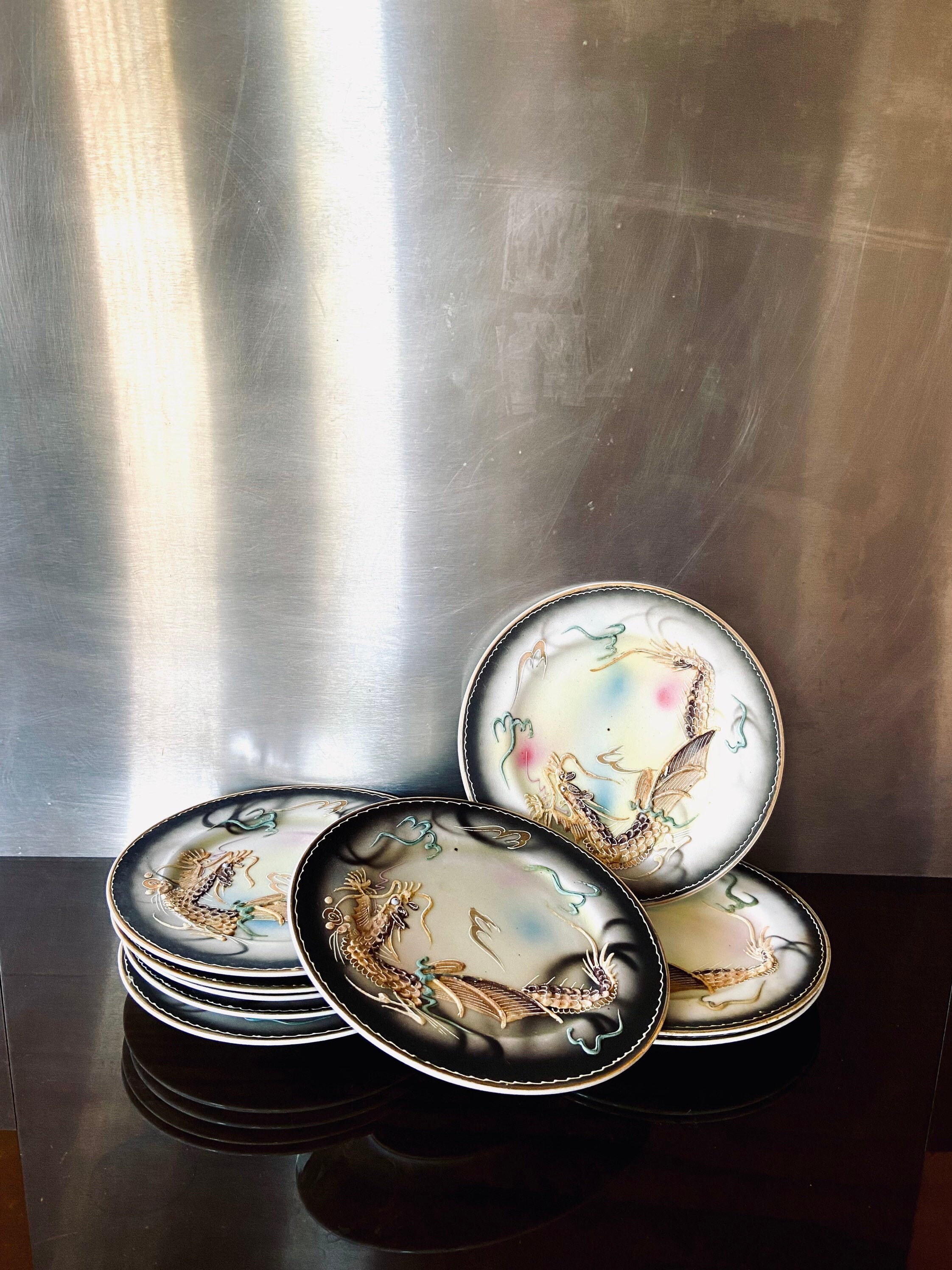9 Superbes Services d'assiettes à Dessert Entièrement Réalisé La Main d'art Japonais Décor Dragon