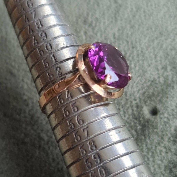 Bague ancienne femme or rose étranger pierre synthétique violette 4.4g taille doigt 53 18k gold ring