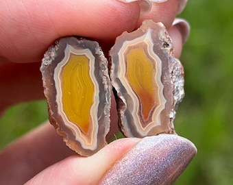 Op de afbeelding: Twee helften van een geode met een geel, oranje en bruin agaatpatroon.