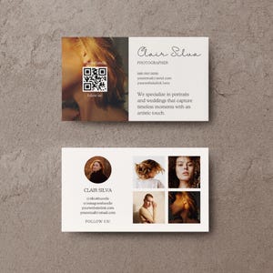 Plantilla de tarjeta de presentación de fotografía, código QR, diseño editable, estética neutra moderna, BC-02