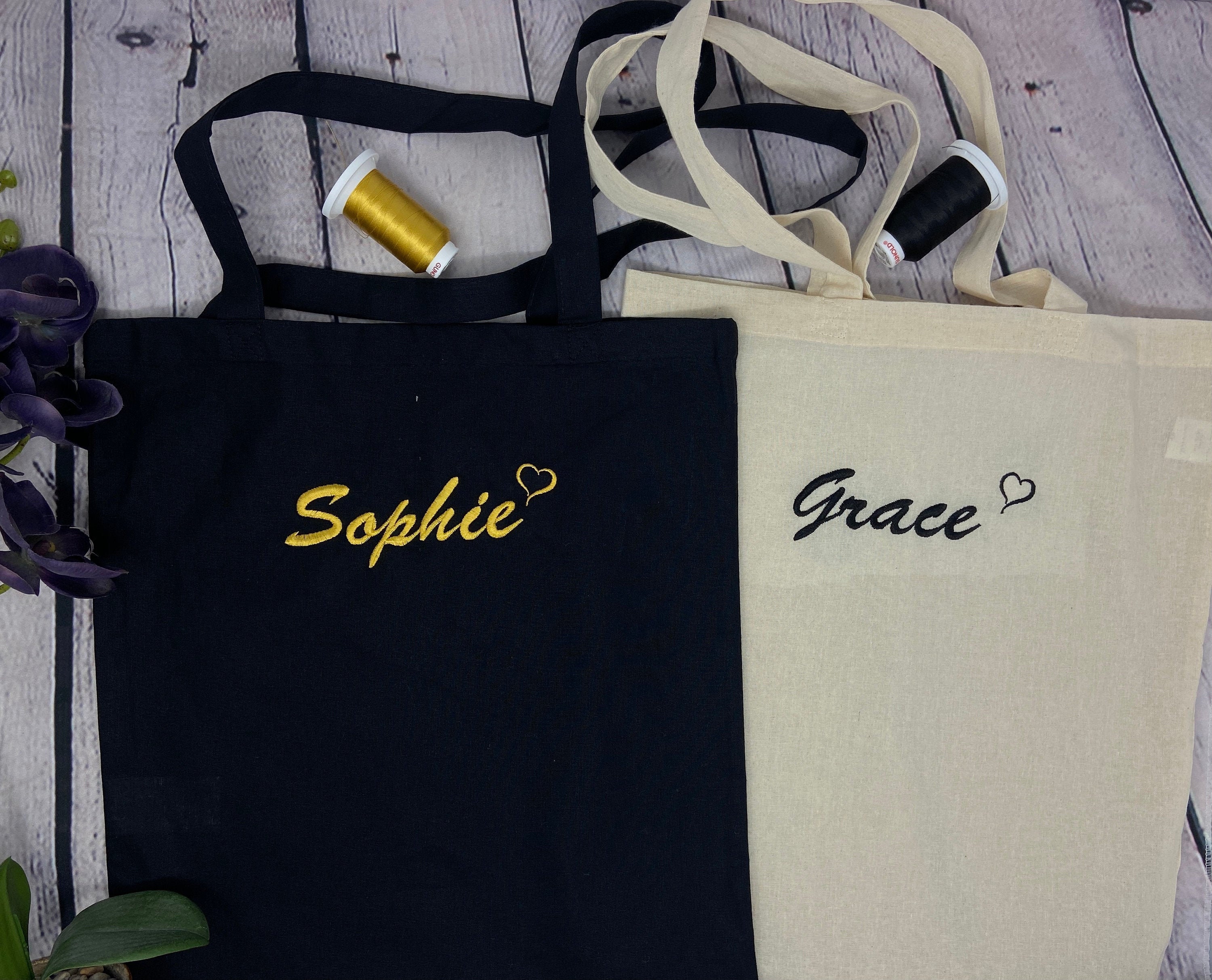 Tote Bag Personalised Embroidered Name Black Natural Colour Etsy