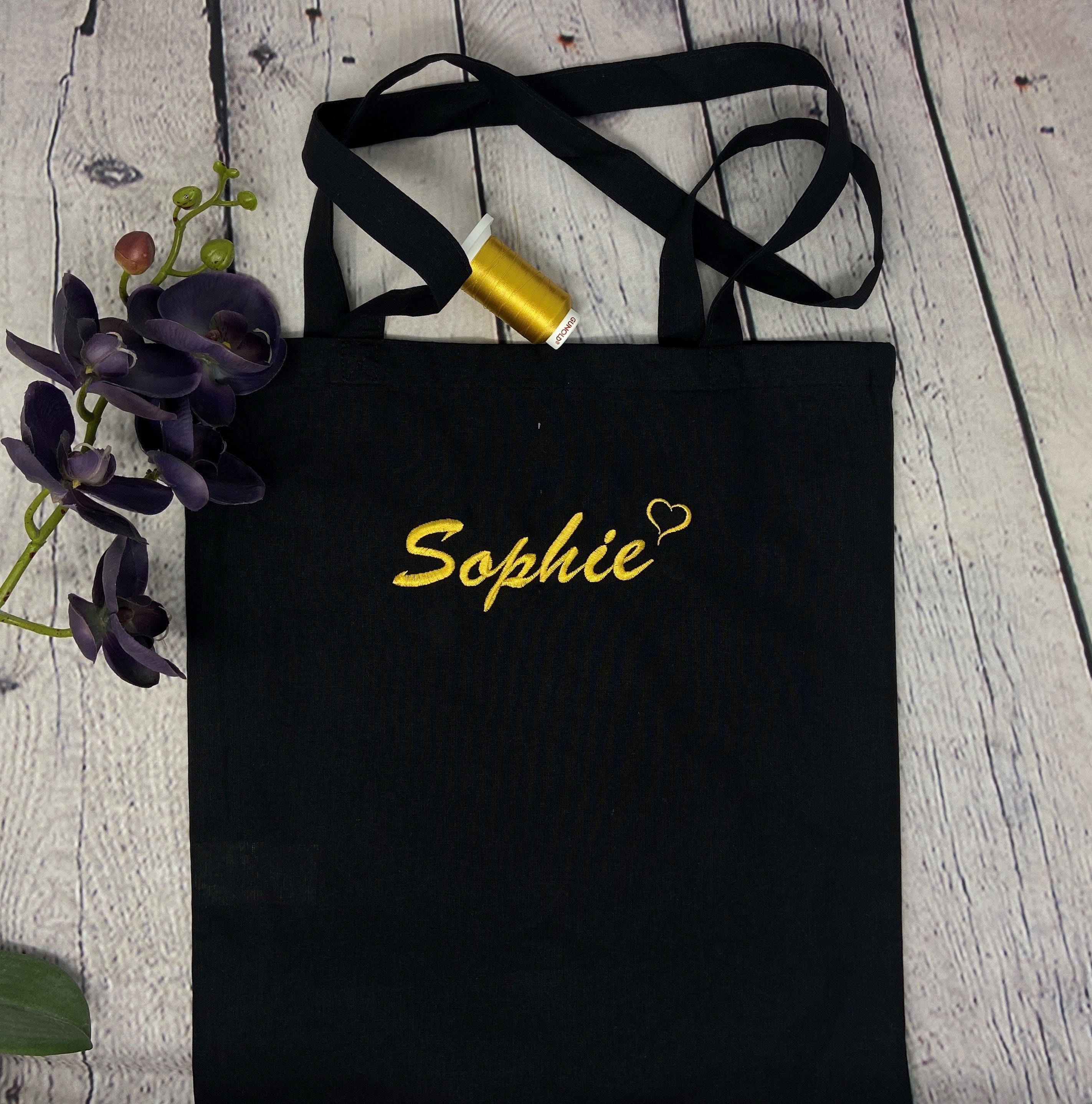 Tote Bag Personalised Embroidered Name Black Natural Colour Etsy