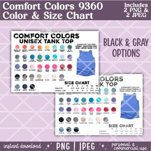 Comfort Colors 9360 Tank Top Color Chart and Size Chart Instant Digital Download, Comfort Colors Tank Color Chart, 9360 Tank Top Size Chart