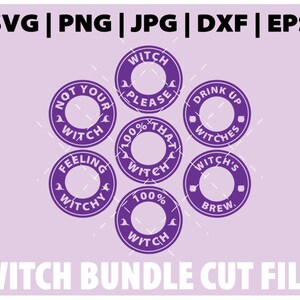 Op de afbeelding: Een set van zeven paarse en witte SVG-snijbestanden met een heksenthema. De bestanden bevatten zinnen zoals "Not Your Witch", "100% That Witch" en "Witch's Brew".