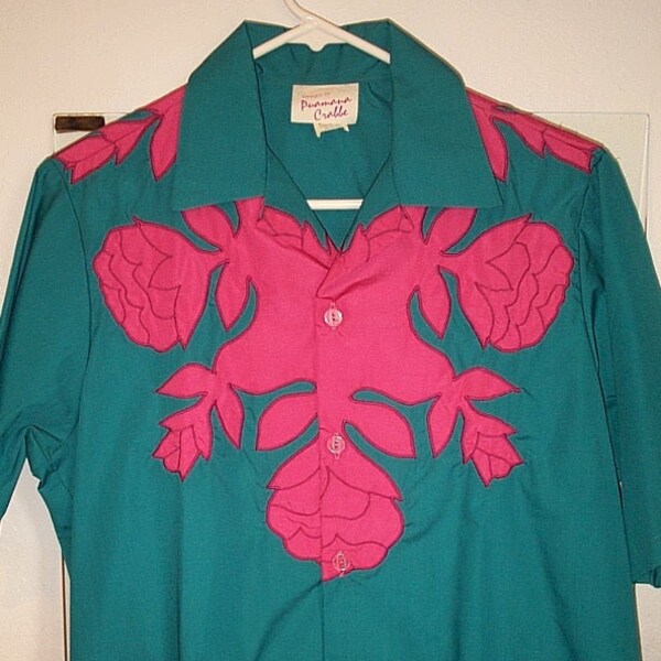 Puamana Crabbe Quilt Applique Flower Green Vintage Rare Hawaiian Shirt M