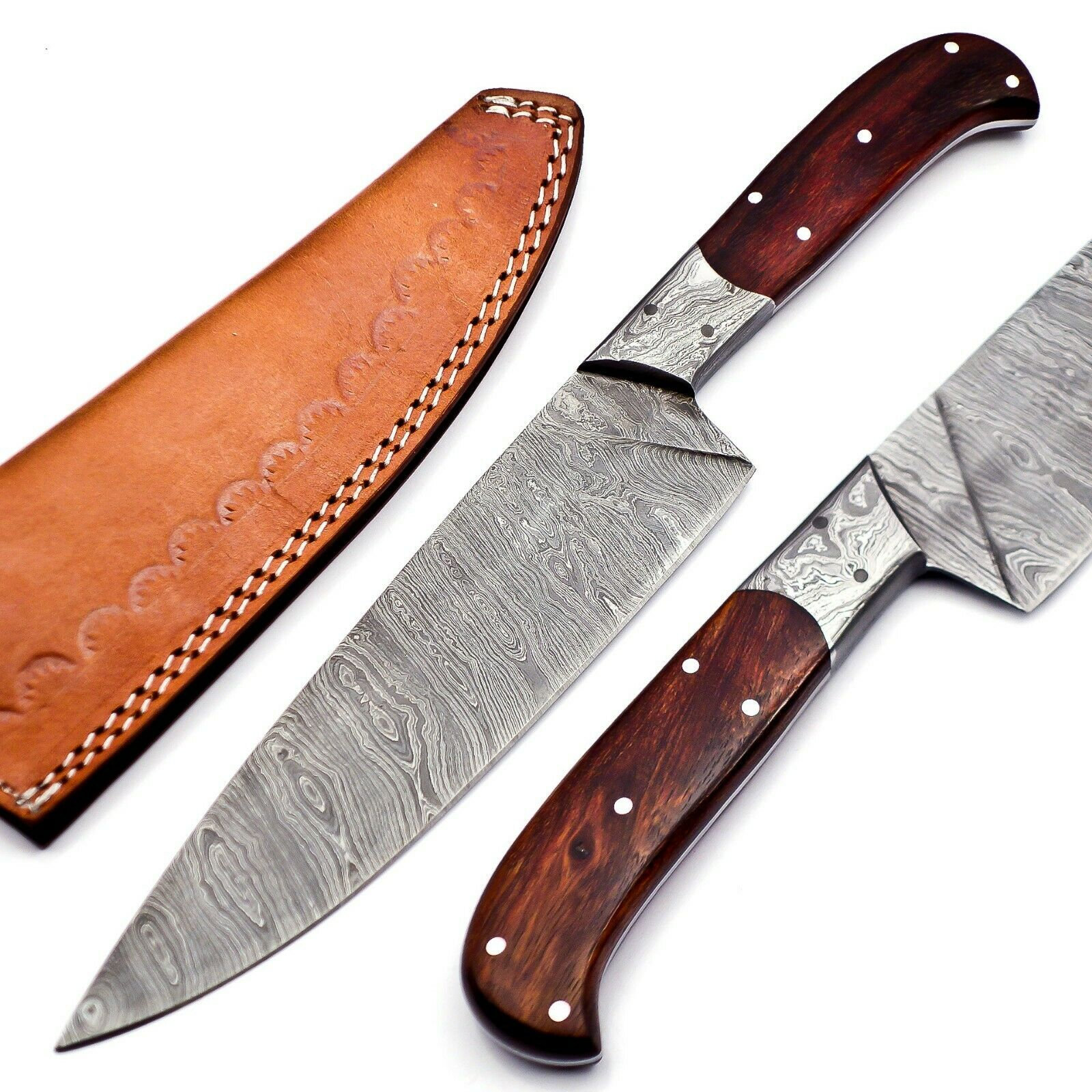 Damascus Chef Knife With Leather Sheath Rosewood Handle Full Etsy