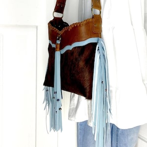 Fringed Brindle Hair-On and Brandy Pull Up Leather Shoulder Bag with Peacock Leather Accents