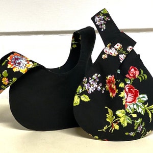 Black Floral and Black Japanese Style Knot Bag - Size Small - Great Gift Ready to Ship