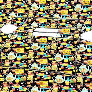 May include: A black and white illustration of a table setting with a teapot, cups, and saucers. The pattern is repeated throughout the image.