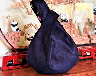 Faux Suede Black and Black Floral Japanese Style Knot Bag | Optional Pocket |  Premium Fabrics | Fully Lined | Reversible