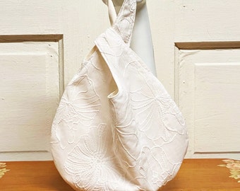 Embroidered Hibiscus and Satin/Sateen Japanese Style Knot Bag | Evening ~ Bridal ~ Special Occasion ~ Gift
