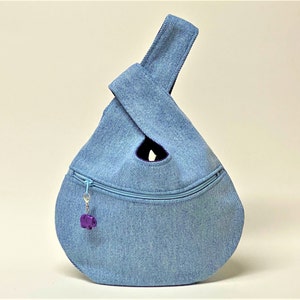 Denim Faded Blue Japanese Style Knot Bag | Optional Zippered Pocket |  Fun Fabrics | 3 sizes | Fully Lined | Reversible | Washable