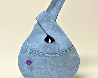 Denim Faded Blue Japanese Style Knot Bag | Optional Zippered Pocket |  Fun Fabrics | 3 sizes | Fully Lined | Reversible | Washable