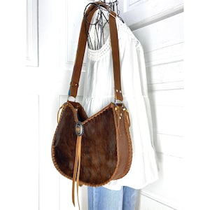 Brindle Hair On & Aged Brandy Pull Up Leather Hobo Shoulder Bag | Unique 70's Inspired Bohemian Hippie Bag with Vintage Vibes
