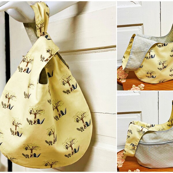 Skunk, Beaver, and Owl Japanese Style Knot Bag | Optional Pocket | Fun Fabrics | Fully Lined | Interfaced for Shape