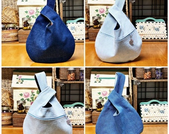 Denim and Denim Japanese Style Knot Bag | Optional Zippered Pocket |  Fun Fabrics | 3 sizes | Fully Lined | Reversible | Washable