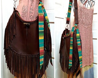 Fringed Boho Distressed Rustic Dark Brown Leather Southwest Shoulder Bag | Unique 70’s Inspired | Bohemian Satchel | Hippie Bag