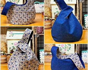 Borsa con nodo in denim blu scuro in stile giapponese / Tasca con cerniera opzionale / Tessuti divertenti / 3 taglie / Completamente foderata / Reversibile / Lavabile