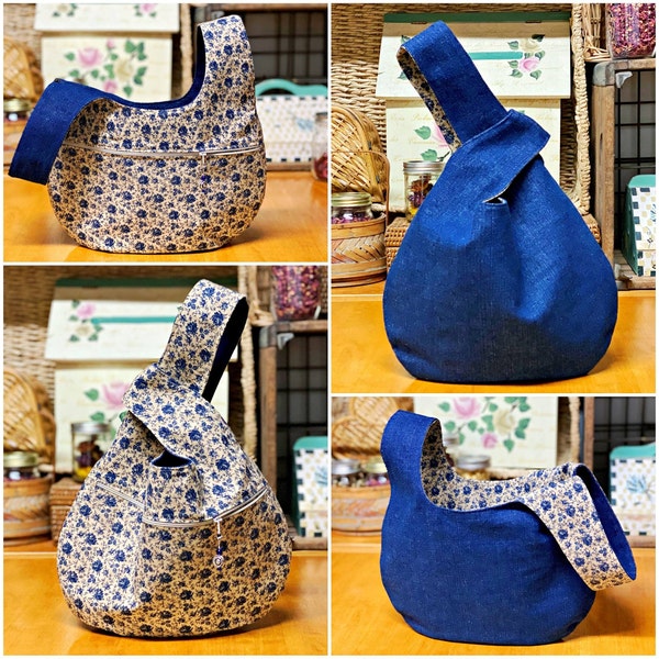 Denim Dark Blue Japanese Style Knot Bag | Optional Zippered Pocket |  Fun Fabrics | 3 sizes | Fully Lined | Reversible | Washable