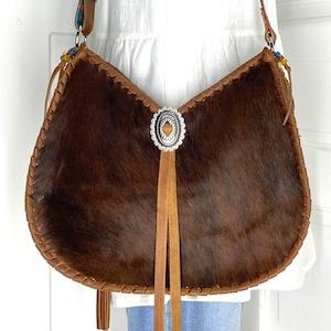 Brindle Hair On & Aged Brandy Pull Up Leather Hobo Shoulder Bag | Unique 70's Inspired Bohemian Hippie Bag with Vintage Vibes